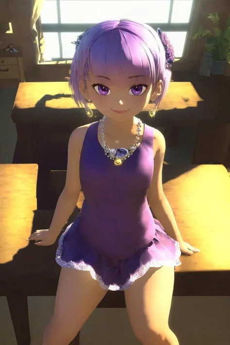masterpiece, ultra-detailed, best quality, illustration, 8k cg wallpaper, an extremely delicate and beautiful, 1girl, solo, perfect anatomy, cute face, smiling, blushing, sparkling eyes, deep purple eyes, beautiful detailed eyes, lavender hair, short hair, disheveled hair, cute hair accessories, cute earrings, cute necklace, slim body, medium breasts, formal school uniform, perfect arms, perfect hands, perfect fingers, cute arm accessories, cute hand accessories, perfect legs, cute, pretty, beautiful, sexy, perfect body, (background: castle bedroom, bed, desk, chair, window, intricately detailed items in background), <lora:Wind_Waker:1.1>