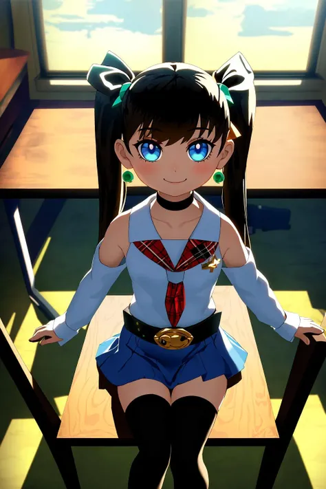 masterpiece, ultra-detailed, best quality, illustration, 8k cg wallpaper, an extremely delicate and beautiful, 1girl, solo, perfect anatomy, cute face, smiling, blushing, sparkling eyes, deep blue eyes, beautiful detailed eyes, dark brown hair, shoulder-length hair, twintails, cute hair accessories, cute earrings, cute choker, slim body, medium breasts, school uniform, perfect arms, perfect hands, perfect fingers, cute arm accessories, cute hand accessories, black belt with gold buckle, light blue plaid miniskirt, cute thigh-high stockings, perfect legs, cute, pretty, beautiful, sexy, perfect body, (background: classroom, desks, chairs, blackboard, windows, intricately detailed items in background), <lora:Wind_Waker:1.2>