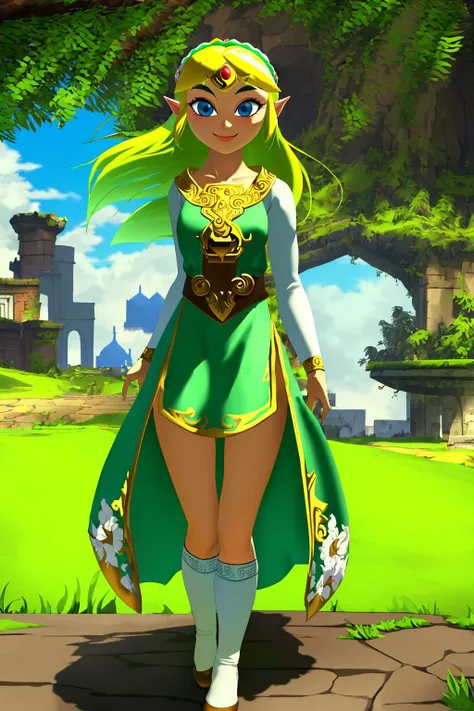 masterpiece, ultra-detailed, best quality, illustration, 8k cg wallpaper, an extremely delicate and beautiful, 1girl, Princess Zelda /(The Legend of Zelda/), solo, perfect anatomy, smiling, blushing, perfect arms, perfect hands, perfect fingers, perfect legs, cute, pretty, beautiful, sexy, perfect body, (background: flowery field, grass, trees, flowers, ruins, intricately detailed items in background), <lora:Wind_Waker:1>