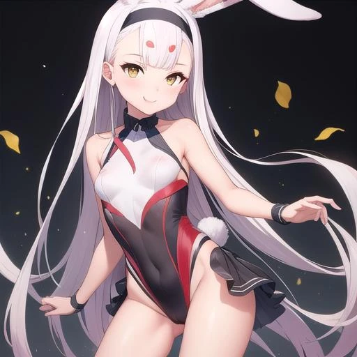 (masterpiece, best quality:1.2),illustration,8k,hd,1girl,solo,cowboy shot,shimakaze (azur lane),animal ears,rabbit ears,very long hair,smile,hairband,small breasts,brown eyes,white hair,dress,blush,bare shoulders,short dress,sleeveless,skirt,black dress,bikini bottom only,<lora:Shimakaze(azur)>,