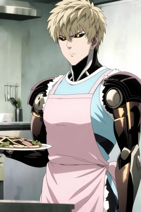 genos, anime, one punch, 1boy, male focus, 1boy, cyborg, standing, (pink apron), (holding food) plate, kitchen, upper body, blonde hair, indoors, detailed, best quality, <lora:Genos:1>