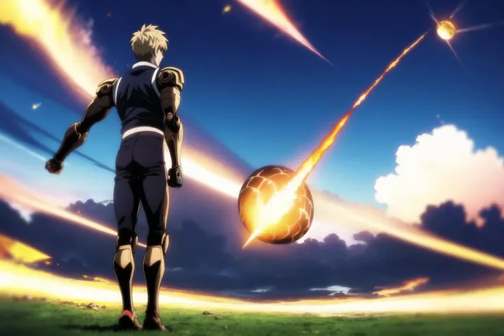 genos, anime, one punch, 1boy, male focus, full body, (meteor:1.3), solo, sky, cloud, blonde hair, cyborg, smoke, day, from behind, blue sky, clenched hands, mechanical arms, best quality, <lora:Genos:0.8>
