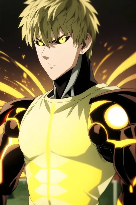 genos, anime, one punch, 1boy, male focus, 1boy, upper body, (yellow aura:1.4), blonde hair, solo, glowing eyes, apron, glowing, cyborg, fire, colored sclera, yellow eyes, black sclera, detailed, best quality, <lora:Genos:1>