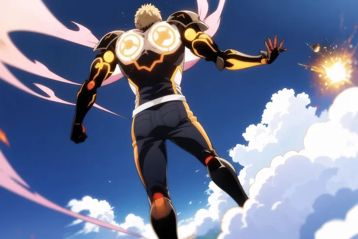 genos, anime, one punch, 1boy, male focus, full body, (meteor:1.3), solo, sky, cloud, blonde hair, cyborg, smoke, day, from behind, blue sky, clenched hands, mechanical arms, best quality, <lora:Genos:0.8>