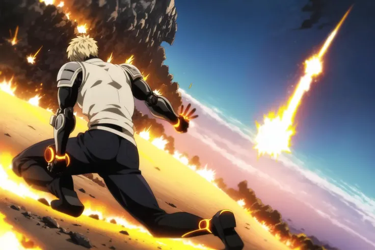 genos, anime, one punch, 1boy, male focus, full body, (meteor:1.3), solo, sky, cloud, blonde hair, cyborg, smoke, day, from behind, blue sky, clenched hands, mechanical arms, best quality, <lora:Genos:0.8>