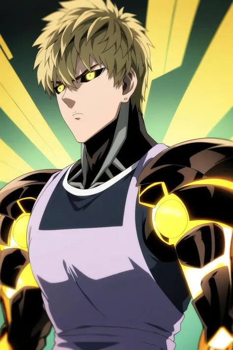 genos, anime, one punch, 1boy, male focus, 1boy, upper body, (yellow aura:1.4), blonde hair, solo, glowing eyes, apron, glowing, cyborg, fire, colored sclera, yellow eyes, black sclera, detailed, best quality, <lora:Genos:1>