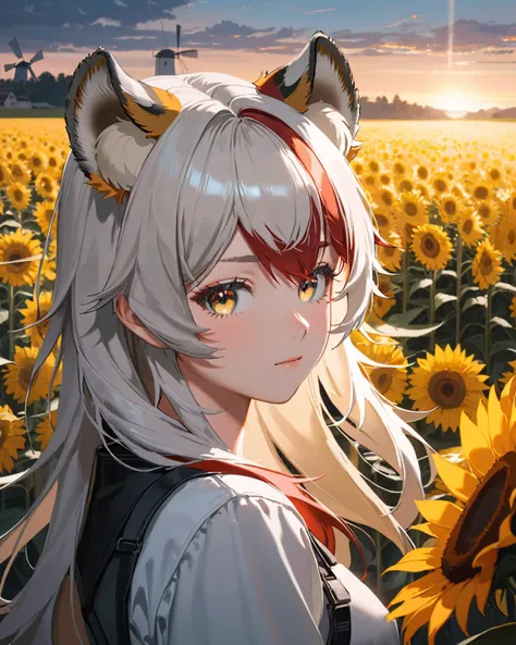 solo,masterpiece,best quality,very aesthetic,absurdres,bioluminescence light,(yoneyama mai:1.4),(quasarcake:1.2),(((sad))),(((1girl, detailed lighting, rendered, beatiful eyes, perfect hair, detailed face and body ))),permed hair,swept bangs,
As the sun sets,the wheat fields are tinged with shades of orange and pink,creating a stunning visual spectacle. The ears of wheat,bathed in the golden light of dusk,seem almost incandescent. Tractors and agricultural machinery dot the landscape,bearing witness to the activity of the harvest. Gentle hills in the background add depth to the painting,while windmills slowly spin,adding a touch of rustic charm. Rows of sunflowers line some fields,their large yellow flowers following the sun's last glimpse before dark.,
<lyco:jbxl16:0.7>,tiger ears,(White hair,red hair,multicolored hair),