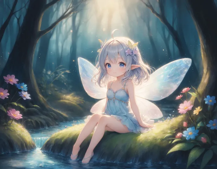 SceneDescription:
- Composition: Depth of field. Full body shot. Cinematic angle.
- Subject: A cute fairy.
- Characteristics:
- Face: (Round face:1.1).
- Eyes: Detailed dark-blue.
- Ears: Fairy ears.
- Hair: Medium wavy hair, gray hair, ahoge and flower hair ornament.
- Body: Medium breasts. Fairy Wings.
- Clothing: Fairy dress.
- Expression: Happy expression.
- Posing: Sitting. Put in water.
- Background: Colorful flowers made of crystals in the forest.
- Elements: Crystals. Lush greenery. Shallow small stream.
Lighting: (Atmospheric lighting:1.4).
ArtStyle: Watercolor. Traditional media. Fantasy. Mysterious. Chibi. Miniature. Deformed.
Quality: Intricate details, Extremely detailed, Outstanding intricacies, (Masterpiece:1.2), (Best quality:1.2), (Absurdres absolutely resolution:1.4)
<lora:flat_sdxl:-0.2>