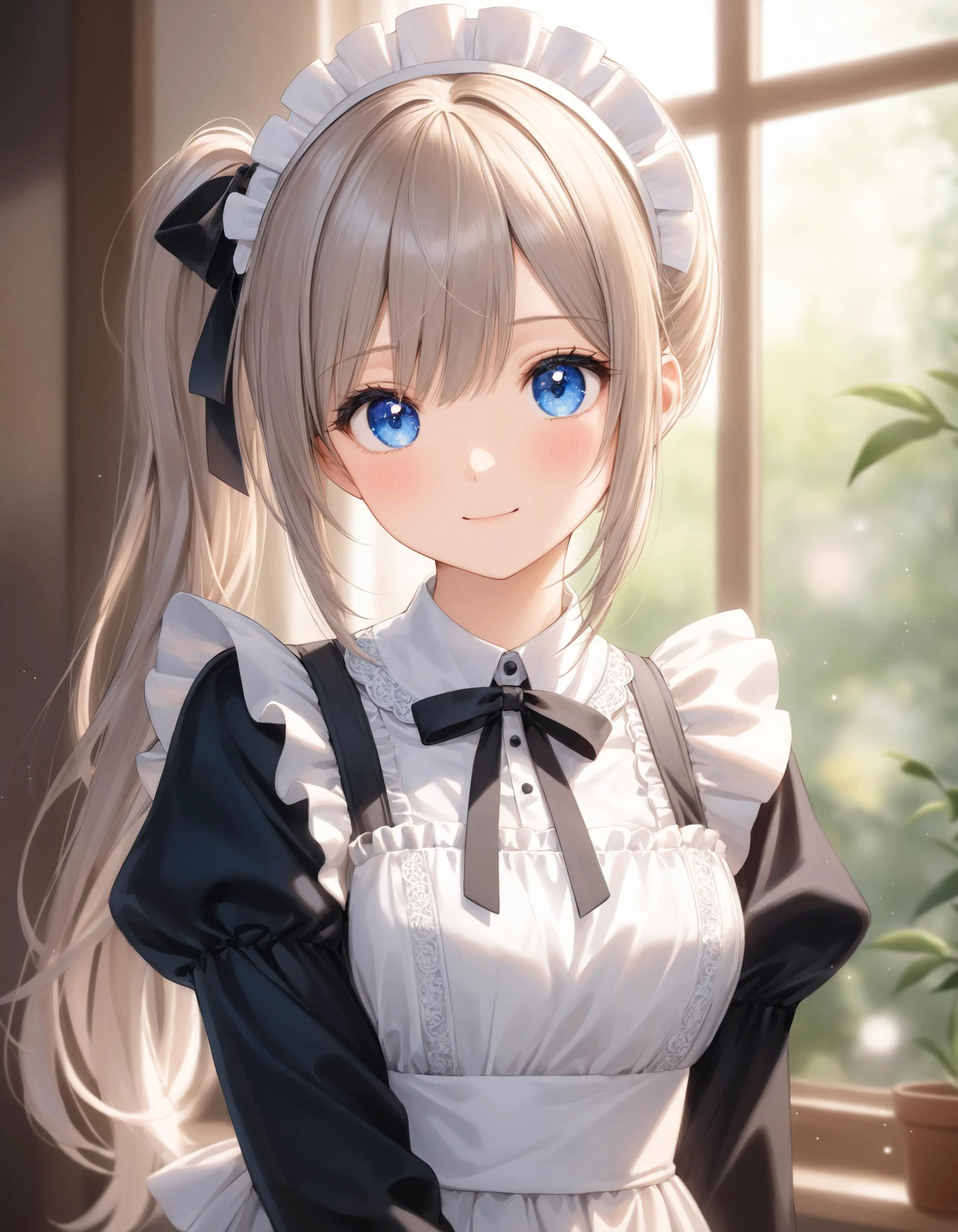 SceneDescription:
- Composition: Upper body shot. Cinematic angle.
- Subject: A 18YO girl. (xxxxx:0.8).
- Characteristics:
- Face: (Cute round face:1.1).
- Eyes: Detailed dark-blue eyes and tsurime.
- Hair: Medium hair, (side ponytail:1.1), big ribbon hair ornament, (gray hair), (gray inner hair) and hair between eyes.
- Elements: White maid katyusha.
- Body: Detailed slender body. Large breasts.
- Clothing: White collar, black ribbon tie, black maid tops, long black sleeves, white maid apron and (very long maid skirt:1.2).
- Expression: Happy expression. Close mouth.
- Posing: Contrapposto. Head tilt.
- Background: Gothic style living room.
- Elements: Decorative plants. Private garden view from window.
Time: (Daytime:1.2).
Lighting: (Natural lighting:1.4).
ArtStyle: Watercolor. Traditional media. Blurry. Pale pastel colors.
Quality: Intricate details. Extremely detailed. Outstanding intricacies. (Masterpiece:1.2). (Best quality:1.2). (Absurdres absolutely resolution:1.4).
Mood: Serene atmosphere.
<lora:flat_sdxl:-0.2>