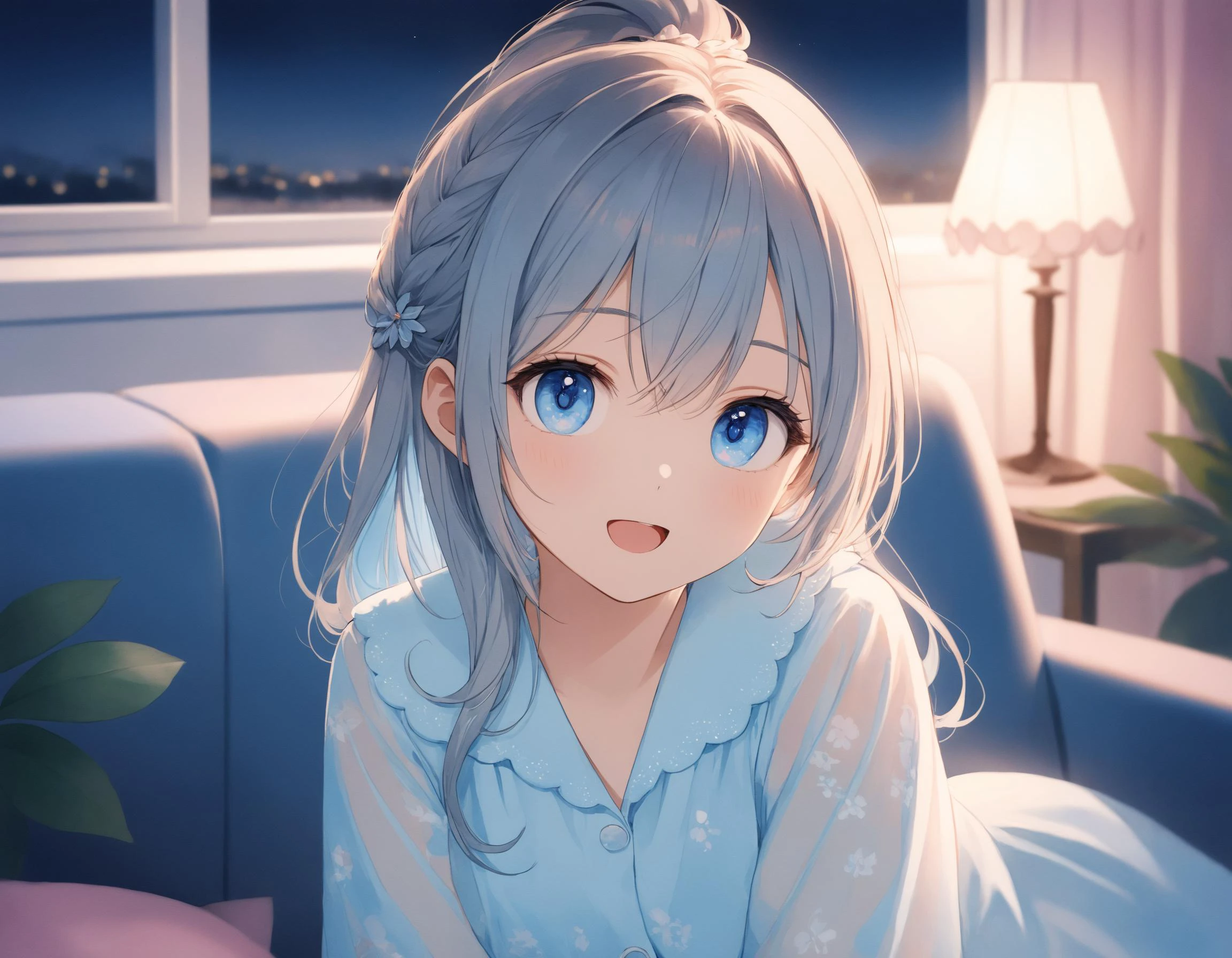 SceneDescription:
- Composition: Portrait. Cinematic angle.
- Subject: A 18YO girl. (xxxxx:0.8).
- Characteristics:
- Face: (Cute round face:1.1).
- Eyes: Detailed dark-blue eyes and tsurime.
- Hair: Long wavy high (ponytail:1.2) with big ribbon hair ornament, (gray hair), (gray inner hair), left side french braid, ahoge and hair between eyes.
- Body: Detailed slender body. Large breasts.
- Clothing: White chiffon pajamas and barefoot.
- Expression: Happy expression. Open mouth.
- Posing: Relaxed pose. Looking at viewer.
- Background: Fashionable cute living room at night.
- Elements: Decorative plants. Cute pastel sofa. Cute pastel curtains. Night sky view from window.
Time: (Night:1.2).
Lighting: (Blue hour light:1.4).
ArtStyle: Watercolor. Traditional media. Blurry. Pale pastel colors.
Quality: Intricate details. Extremely detailed. Outstanding intricacies. (Masterpiece:1.2). (Best quality:1.2). (Absurdres absolutely resolution:1.4).
Mood: Pastel atmosphere.
<lora:flat_sdxl:0.2>