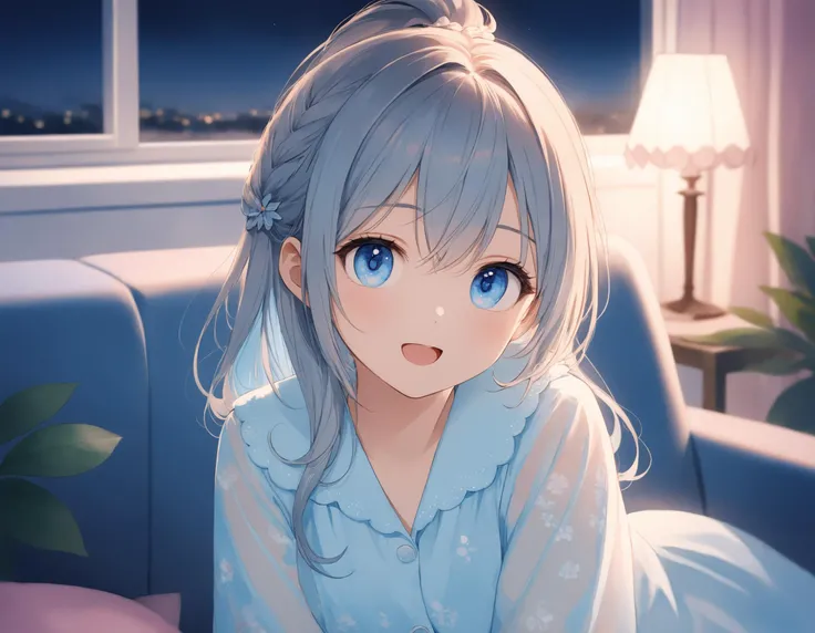 SceneDescription:
- Composition: Portrait. Cinematic angle.
- Subject: A 18YO girl. (xxxxx:0.8).
- Characteristics:
- Face: (Cute round face:1.1).
- Eyes: Detailed dark-blue eyes and tsurime.
- Hair: Long wavy high (ponytail:1.2) with big ribbon hair ornament, (gray hair), (gray inner hair), left side french braid, ahoge and hair between eyes.
- Body: Detailed slender body. Large breasts.
- Clothing: White chiffon pajamas and barefoot.
- Expression: Happy expression. Open mouth.
- Posing: Relaxed pose. Looking at viewer.
- Background: Fashionable cute living room at night.
- Elements: Decorative plants. Cute pastel sofa. Cute pastel curtains. Night sky view from window.
Time: (Night:1.2).
Lighting: (Blue hour light:1.4).
ArtStyle: Watercolor. Traditional media. Blurry. Pale pastel colors.
Quality: Intricate details. Extremely detailed. Outstanding intricacies. (Masterpiece:1.2). (Best quality:1.2). (Absurdres absolutely resolution:1.4).
Mood: Pastel atmosphere.
<lora:flat_sdxl:0.2>