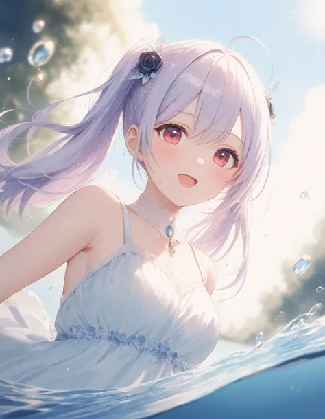 SceneDescription:
  - Composition: Upper body shot. Cinematic angle.
  - Subject: A 18YO girl.
    - Characteristics:
      - Face: (Cute round face:1.2).
      - Eyes: Detailed dark-red eyes and tareme.
      - Hair: (Long twintails:1.1), light-purple hair, light-purple inner hair, ahoge, hair between eyes and black rose hair ornaments.
      - Body: Detailed slim body and (large breasts:1.1).
      - Clothing: White chiffon gothic dress and barefoot.
        - Elements: Wet overflow. Wet hair. Wet body. Wet clothes.
      - Expression: Amused expression. Open mouth.
      - Posing: Dynamic pose. (Put in water:1.05). Looking at viewer.
  - Background: Fashionable white sand beach.
    - Elements: Small island view. Blue sky. Clear sky. Lens flare.
Time: Daytime.
Lighting: (Sunbeam:1.4).
ArtStyle: Watercolor. Traditional media. Blurry. Pale pastel colors.
Quality: Intricate details. Extremely detailed. Outstanding intricacies. (Masterpiece:1.2). (Best quality:1.2). (Absurdres absolutely resolution:1.4).
Mood: Pastel atmosphere.
<lora:flat_sdxl:0.2>