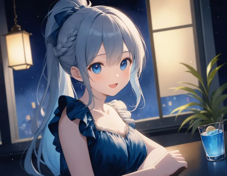 SceneDescription:
- Composition: Portrait. Face up. Cinematic angle.
- Subject: A 18YO girl. (xxxxx:0.8).
- Characteristics:
- Face: (Cute round face:1.1).
- Eyes: Detailed dark-blue eyes and tsurime.
- Hair: Long wavy high (ponytail:1.2) with big ribbon hair ornament, (gray hair), (gray inner hair), left side french braid, ahoge and hair between eyes.
- Body: Detailed slender body. Large breasts.
- Clothing: Dark-green satin night dress and layered short sleeves.
- Expression: Happy expression. Open mouth. Red cheek.
- Posing: Head tilt. Looking at viewer.
- Background: Fashionable bar at night.
- Elements: (Decorative plants:1.1). Cocktail glass on the table. Night city view fron window.
Time: (Night:1.2).
Lighting: (Blue hour light:1.4).
ArtStyle: Watercolor. Traditional media. Blurry. Pale pastel colors.
Quality: Intricate details. Extremely detailed. Outstanding intricacies. (Masterpiece:1.2). (Best quality:1.2). (Absurdres absolutely resolution:1.4).
Mood: Pastel atmosphere.
<lora:flat_sdxl:0.2>