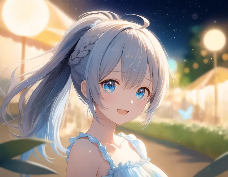 SceneDescription:
- Composition: Portrait. Cinematic angle. Dutch angle.
- Subject: A 18YO girl. (xxxxx:0.8).
- Characteristics:
- Face: (Cute round face:1.1).
- Eyes: Detailed dark-blue eyes and tsurime.
- Hair: Long wavy high (ponytail:1.2) with big ribbon hair ornament, (gray hair), (gray inner hair), left side french braid, ahoge and hair between eyes.
- Body: Detailed slender body. Large breasts.
- Clothing: White ruffled tank top, ruffled skirt.
- Expression: Amused expression. Open mouth.
- Posing: Dynamic pose. Looking at viewer.
- Background: Fashionable seaside park at night.
- Elements: Lush greenery. Starry sky view.
Time: (Night:1.2).
Lighting: (Underexpose Lighting:1.4).
ArtStyle: Watercolor. Traditional media. Blurry. Pale pastel colors.
Quality: Intricate details. Extremely detailed. Outstanding intricacies. (Masterpiece:1.2). (Best quality:1.2). (Absurdres absolutely resolution:1.4).
Mood: Pastel atmosphere.
<lora:flat_sdxl:0.2>