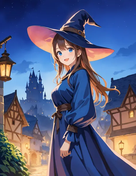 SceneDescription:
  - Composition: (Portrait:1.1). Cinematic angle.
  - Subject: A cute girl.
    - Characteristics:
      - Body: Medium breasts.
      - Clothing: Witch hat and witch robe.
      - Expression: Amused expression. Open mouth.
      - Posing: Stylish pose. Looking at viewer.
  - Background: Medieval village.
    - Elements: Lush greenery. Castle view.
Time: (Night:1.2).
Lighting: (Blue hour light:1.4).
ArtStyle: Medieval style. Fantasy. Watercolor. Traditional media.
Quality: Intricate details. Extremely detailed. Outstanding intricacies. (Masterpiece:1.2). (Best quality:1.2). (Absurdres absolutely resolution:1.4).
Mood: Serene atmosphere.