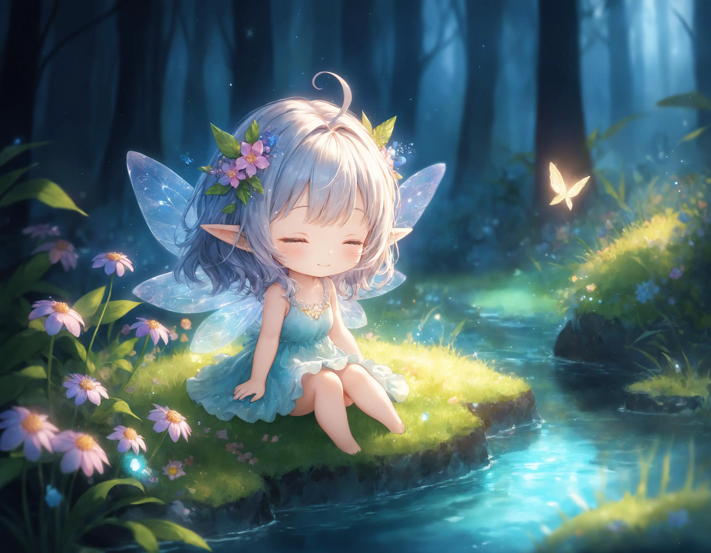 SceneDescription:
- Composition: Depth of field. Full body shot. Cinematic angle.
- Subject: A cute fairy.
- Characteristics:
- Face: (Round face:1.1).
- Eyes: closed eyes.
- Ears: Fairy ears.
- Hair: Medium wavy hair, gray hair, ahoge and flower hair ornament.
- Body: Medium breasts. Fairy Wings.
- Clothing: Fairy dress.
- Expression: Happy expression.
- Posing: Sleeping.
- Background: Colorful flowers made of crystals in the forest at night.
- Elements: Crystals. Lush greenery. Shallow small stream.
Time; (Night:1.2).
Lighting: (Atmospheric lighting:1.4).
ArtStyle: Watercolor. Traditional media. Fantasy. Mysterious. Chibi. Miniature. Deformed.
Quality: Intricate details, Extremely detailed, Outstanding intricacies, (Masterpiece:1.2), (Best quality:1.2), (Absurdres absolutely resolution:1.4)
<lora:flat_sdxl:-0.2>