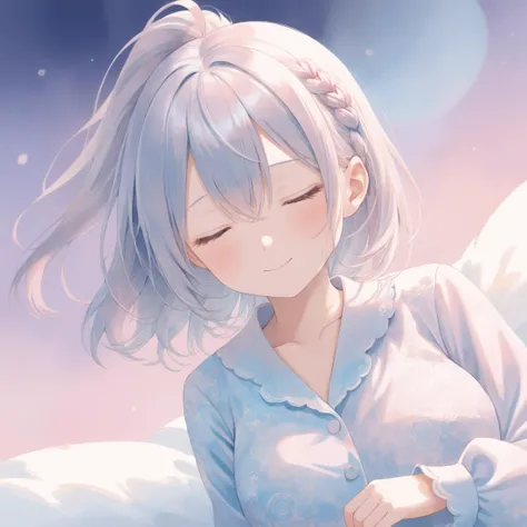 SceneDescription:
- Composition: Cinematic angle.
- Subject: A 18YO girl. (xxxxx:0.8).
- Characteristics:
- Face: (Cute round face:1.1).
- Eyes: (Closed eyes:1.1).
- Hair: Long wavy high (ponytail:1.2) with big ribbon hair ornament, gray hair, gray inner hair, left side french braid, ahoge and hair between eyes.
- Body: Detailed slender body. Large breasts.
- Clothing: Pale saxe-blue satin pajamas.
- Expression: Happy smile. Close mouth.
- Posing: (Sleeping:1.2).
- Background: White background. (Dreaming:1.2). Tangle. Zentangle.
ArtStyle: Watercolor. Traditional media. Pale pastel colors.
Quality: Intricate details. Extremely detailed. Outstanding intricacies. (Masterpiece:1.2). (Best quality:1.2). (Absurdres absolutely resolution:1.4).
Mood: Pastel atmosphere.
<lora:flat_sdxl:0.2>