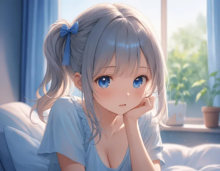 SceneDescription:
- Composition: Portrait. Cinematic angle.
- Subject: A 18YO girl. (xxxxx:0.8).
- Characteristics:
- Face: (Cute round face:1.1).
- Eyes: Detailed dark-blue eyes. (Half-closed eyes:1.1).
- Hair: Medium hair, (side ponytail:1.1), big ribbon hair ornament, (gray hair), (gray inner hair), ahoge and asymmetrical bangs.
- Body: Detailed body. Large breasts.
- Clothing: White oversized t-shirt and shorts.
- Expression: Exhausted expression. Open wavy mouth.
- Posing: Lazy pose. Looking at viewer.
- Background: Messy cute room.
- Elements: Decorative plants. Cute sofa. Cute curtains. Blue sky view from window. Lens flar.
Season: Summer.
Time: Morning.
Lighting: (Blue hour light:1.4).
ArtStyle: Watercolor. Traditional media. Blurry. Pale pastel colors.
Quality: Intricate details. Extremely detailed. Outstanding intricacies. (Masterpiece:1.2). (Best quality:1.2). (Absurdres absolutely resolution:1.4).
Mood: Serene atmosphere.
<lora:flat_sdxl:-0.2>