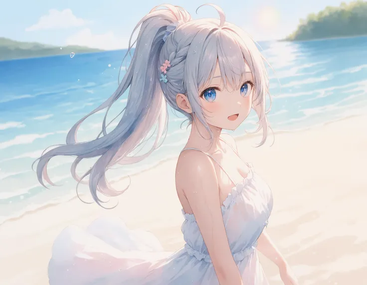 SceneDescription:
- Composition: Upper body shot. Cinematic angle.
- Subject: A 18YO girl. (xxxxx:0.8).
- Characteristics:
- Face: (Cute round face:1.1).
- Eyes: Detailed dark-blue eyes and tsurime.
- Hair: Long wavy high (ponytail:1.2) with big ribbon hair ornament, (gray hair), (gray inner hair), left side french braid, ahoge and hair between eyes.
- Body: Detailed slender body. Large breasts.
- Clothing: White chiffon sundress and barefoot.
- Elements: Wet overflow. Wet hair. Wet body. Wet clothes.
- Expression: Amused expression. Open mouth.
- Posing: Amused pose. (Put in water:1.05). Looking at viewer.
- Background: Fashionable white sand beach.
- Elements: Small island view. Blue sky. Clear sky. Lens flare.
Time: Daytime.
Lighting: (Sunbeam:1.4).
ArtStyle: Watercolor. Traditional media. Blurry. Pale pastel colors.
Quality: Intricate details. Extremely detailed. Outstanding intricacies. (Masterpiece:1.2). (Best quality:1.2). (Absurdres absolutely resolution:1.4).
Mood: Pastel atmosphere.
<lora:flat_sdxl:0.2>
