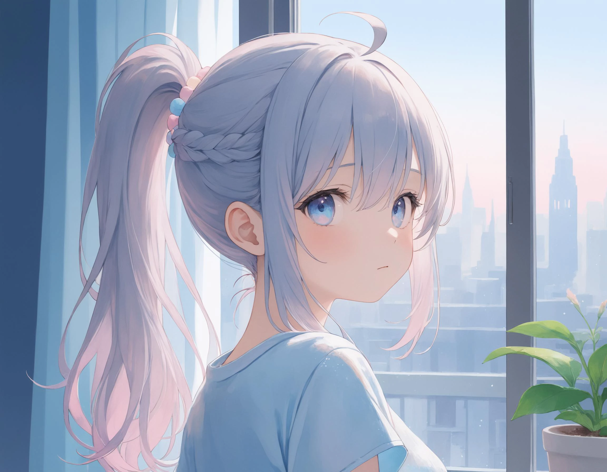 SceneOverview: A bored girl looks out the window.
SceneDescription:
- Composition: Portrait. Shooting from side.
- Subject: A 18YO girl. (xxxxx:0.8).
- Characteristics:
- Face: (Cute round face:1.1).
- Eyes: Detailed dark-blue eyes and tsurime. Half closed eyes.
- Hair: Long wavy high (ponytail:1.2) with big ribbon hair ornament, gray hair, gray inner hair, left side french braid, ahoge and hair between eyes.
- Body: Detailed slender body. Large breasts.
- Clothing: White oversized t-shirt and shorts.
- Expression: Neutral expression.
- Posing: (Looking afar:1.4). Looks out the window. Lazy.
- Background: (Inside cute room:1.2).
- Elements: Decorative plants. Pastel cute curtains. Pastel cute wallpaper. Rainy city view from window.
Time: Daytime.
Lighting: (Blue hour light:1.4).
ArtStyle: Watercolor. Traditional media. Pale pastel colors.
Quality: Intricate details. Extremely detailed. Outstanding intricacies. (Masterpiece:1.2). (Best quality:1.2). (Absurdres absolutely resolution:1.4).
Mood: Pastel atmosphere.
<lora:flat_sdxl:0.2>