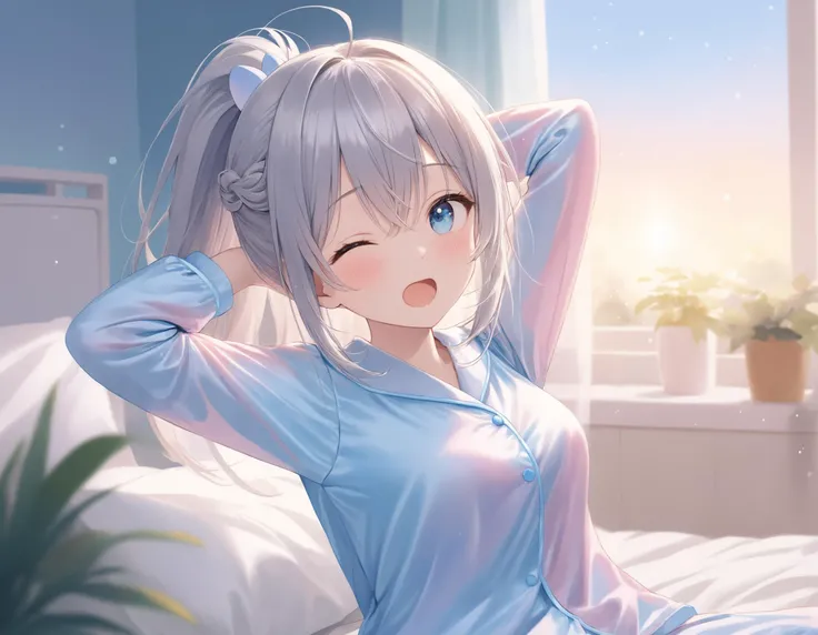SceneDescription:
- Composition: Portrait. Cinematic angle. Dutch angle.
- Subject: A 18YO girl. (xxxxx:0.8).
- Characteristics:
- Face: (Cute round face:1.1).
- Eyes: Detailed dark-blue eyes and tsurime. (One eye closed:1.15).
- Hair: Long wavy high (ponytail:1.2) with big ribbon hair ornament, (gray hair), (gray inner hair), left side french braid, ahoge and hair between eyes.
- Body: Detailed slender body. Large breasts.
- Clothing: Saxe-blue satin plain pajamas and long sleeves.
- Expression: Sleepy. (Open mouth:1.1). (Yawn:1.2).
- Posing: Sitting on the bed. (Arms up:1.25). (Stretch:1.4). Looking at viewer.
- Background: Fashionable cute bedroom.
- Elements: (Decorative plants:1.1). Pastel cute curtains. Pastel cute wallpaper. Sunrise view from window. Lens flare.
Time: (Morning:1.2).
Lighting: (Blue hour light:1.4).
ArtStyle: Watercolor. Traditional media. Blurry. Pale pastel colors.
Quality: Intricate details. Extremely detailed. Outstanding intricacies. (Masterpiece:1.2). (Best quality:1.2). (Absurdres absolutely resolution:1.4).
Mood: Pastel atmosphere.
<lora:flat_sdxl:0.2>