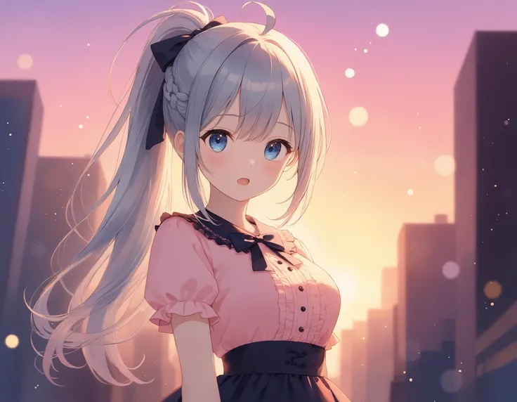 SceneDescription:
- Composition: Upper body shot. Shooting from below. Dutch angle.
- Subject: A 18YO girl. (xxxxx:0.8).
- Characteristics:
- Face: (Cute round face:1.1).
- Eyes: Detailed dark-blue eyes and tsurime.
- Hair: Long wavy high (ponytail:1.2) with big ribbon hair ornament, (gray hair), (gray inner hair), left side french braid, ahoge and hair between eyes.
- Body: Detailed slender body. Large breasts.
- Clothing: Jirai kei. (Pink) blouse with black ribbon, short sleeves and black ruffled skirt.
- Expression: Surprised expression. Open mouth.
- Posing: Contrapposto. Head tilt. Looking at viewer.
- Background: Fashionable downtown area.
- Elements: Sunset view. Lens flare.
Time: Dusk.
Lighting: (Evening light:1.4).
ArtStyle: Watercolor. Traditional media. Blurry. Pale pastel colors.
Quality: Intricate details. Extremely detailed. Outstanding intricacies. (Masterpiece:1.2). (Best quality:1.2). (Absurdres absolutely resolution:1.4).
Mood: Pastel atmosphere.
<lora:flat_sdxl:0.2>