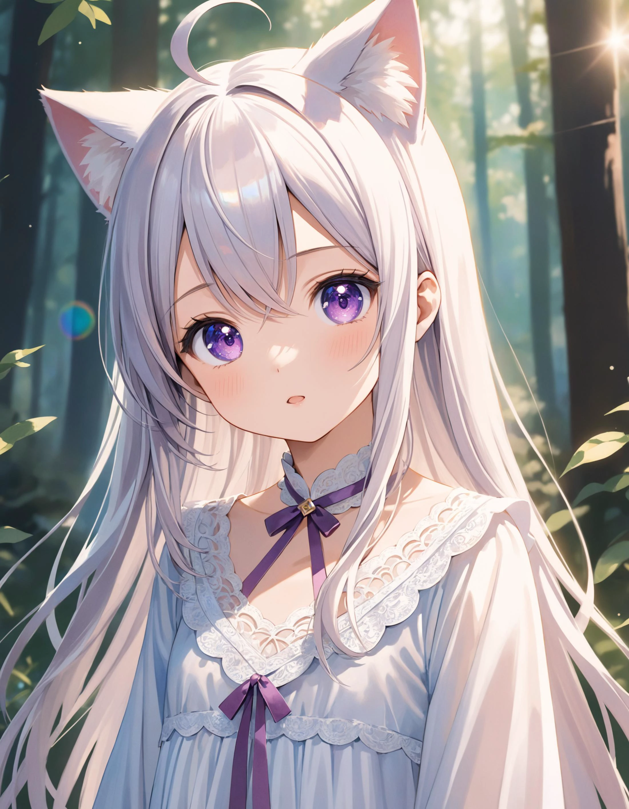 SceneDescription: - Composition: Upper body shot. Cinematic angle. - Subject: A very cute girl. xxxxx. - Characteristics: - Face: (Round face:1.2). - Eyes: Detailed dark-purple eyes. - Hair: Long straight hair with ribbon ornament, (shine silver hair), (shine silver inner hair), (ahoge:1.05), cat ears and hair between eyes. - Body: Detailed body. Small breasts. - Clothing: White chiffon maxi dress and ruffled long sleeves. - Expression: :o. - Posing: Cute pose. Looking at viewer. - Background: Forest. - Elements: Blue sky view. Lens flare. Time: Daytime. Lighting: (Natural light:1.4). ArtStyle: Watercolor. Traditional media. Quality: Intricate details. Extremely detailed. Outstanding intricacies. (Masterpiece:1.2). (Best quality:1.2). (Absurdres absolutely resolution:1.4). Mood: Serene atmosphere.