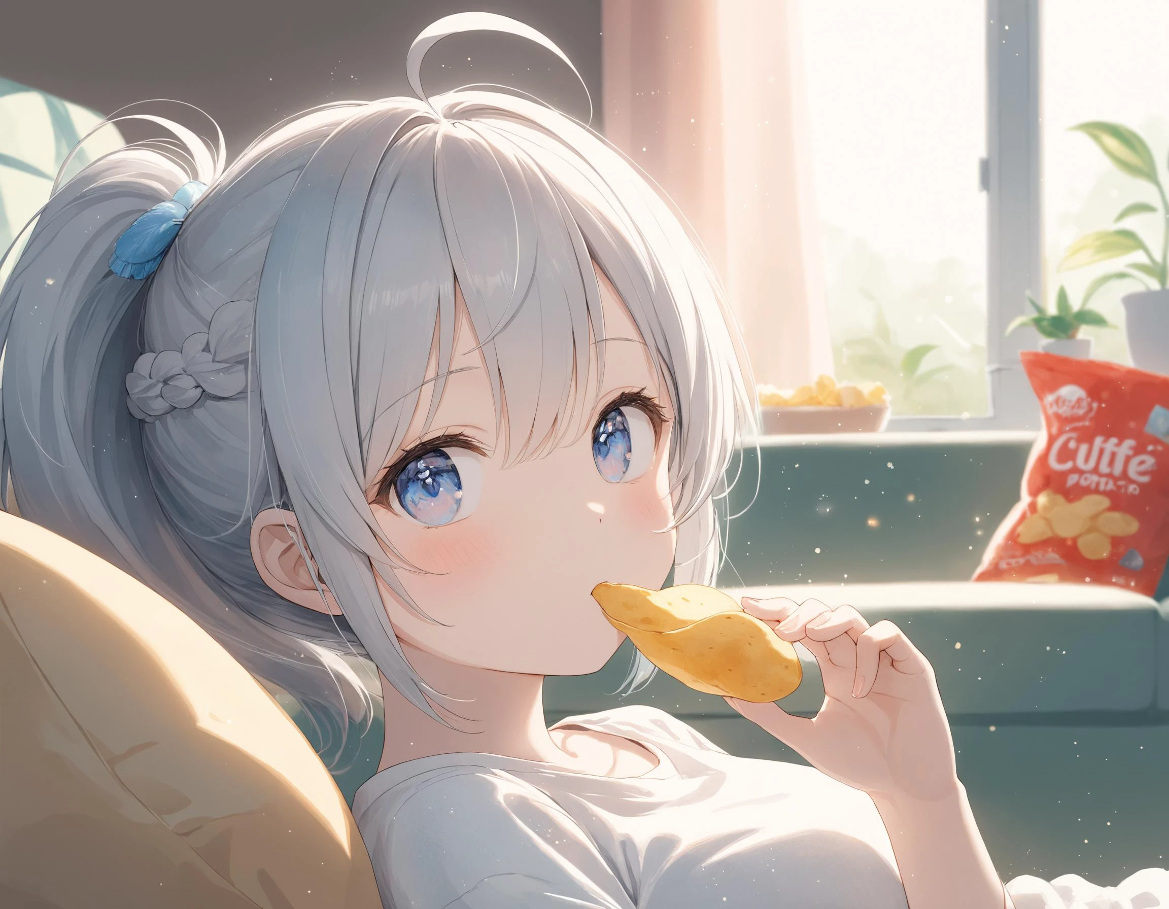 SceneDescription:
- Composition: Upper body shot. Shooting from side.
- Subject: A 18YO girl. (xxxxx:0.8).
- Characteristics:
- Face: (Cute round face:1.1).
- Eyes: Detailed dark-blue eyes and tsurime. Half closed eyes.
- Hair: Long wavy high (ponytail:1.2) with big ribbon hair ornament, gray hair, gray inner hair, left side french braid, ahoge and hair between eyes.
- Body: Detailed slender body. Large breasts.
- Clothing: White oversized t-shirt and shorts.
- Expression: Neutral expression.
- Posing: Lie on one's back on the sofa. Lazy. (Eating potato chips:1.1). Looking afar.
- Background: (Messy room:1.1).
- Elements: (Potato chips bag:1.05). Broken sofa. Decorative plants.
Time: Daytime.
Lighting: (Natural lighting:1.4).
ArtStyle: Watercolor. Traditional media. Pale pastel colors.
Quality: Intricate details. Extremely detailed. Outstanding intricacies. (Masterpiece:1.2). (Best quality:1.2). (Absurdres absolutely resolution:1.4).
Mood: Pastel atmosphere.
<lora:flat_sdxl:0.2>