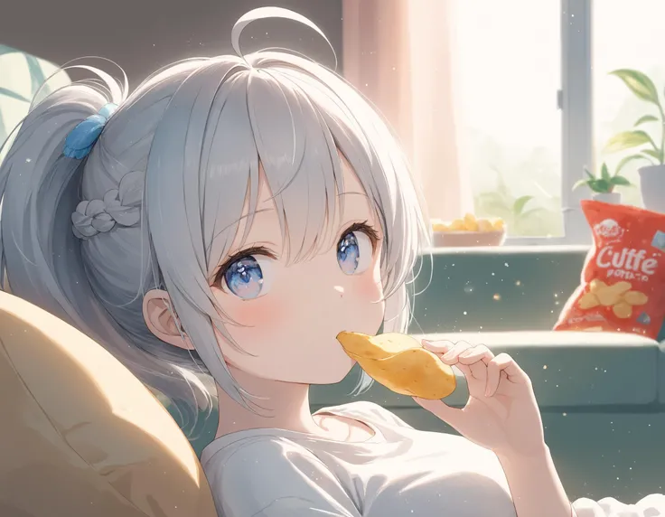 SceneDescription:
- Composition: Upper body shot. Shooting from side.
- Subject: A 18YO girl. (xxxxx:0.8).
- Characteristics:
- Face: (Cute round face:1.1).
- Eyes: Detailed dark-blue eyes and tsurime. Half closed eyes.
- Hair: Long wavy high (ponytail:1.2) with big ribbon hair ornament, gray hair, gray inner hair, left side french braid, ahoge and hair between eyes.
- Body: Detailed slender body. Large breasts.
- Clothing: White oversized t-shirt and shorts.
- Expression: Neutral expression.
- Posing: Lie on one's back on the sofa. Lazy. (Eating potato chips:1.1). Looking afar.
- Background: (Messy room:1.1).
- Elements: (Potato chips bag:1.05). Broken sofa. Decorative plants.
Time: Daytime.
Lighting: (Natural lighting:1.4).
ArtStyle: Watercolor. Traditional media. Pale pastel colors.
Quality: Intricate details. Extremely detailed. Outstanding intricacies. (Masterpiece:1.2). (Best quality:1.2). (Absurdres absolutely resolution:1.4).
Mood: Pastel atmosphere.
<lora:flat_sdxl:0.2>