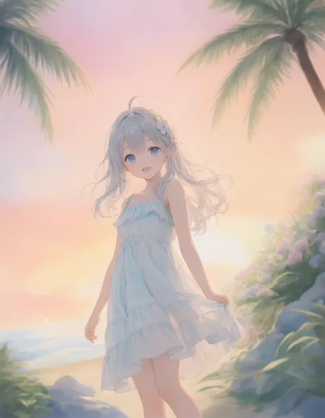 SceneDescription:
- Composition: Depth of field.( Shooting from below:1.05).
- Subject: A 18YO girl. (xxxxx:0.8).
- Characteristics:
- Face: (Chubby face:0.9).
- Eyes: Detailed dark-blue eyes and tsurime.
- Hair: Long wavy hair, gray hair, gray inner hair, left side french braid, ahoge, bule flower hair ornament and hair between eyes.
- Body: Detailed slender body. (large breasts:0.7).
- Clothing: White ruffled layerd maxi sundress.
- Expression: Happy expression. Open mouth.
- Posing: Contrapposto. Head tilt. Looking at viewer.
- Background: Fashionable beach.
- Elements: Palm tree. (Waves:0.8). Rocks. Lush greenery. Sunset view.
Time: Evening.
Lighting: (Evening light:1.4).
ArtStyle: Watercolor. Traditional media. Blurry. Pale pastel colors.
Quality: Intricate details. Extremely detailed. Outstanding intricacies. (Masterpiece:1.2). (Best quality:1.2). (Absurdres absolutely resolution:1.4).
Mood: Pastel atmosphere.
<lora:flat_sdxl:0.2>
