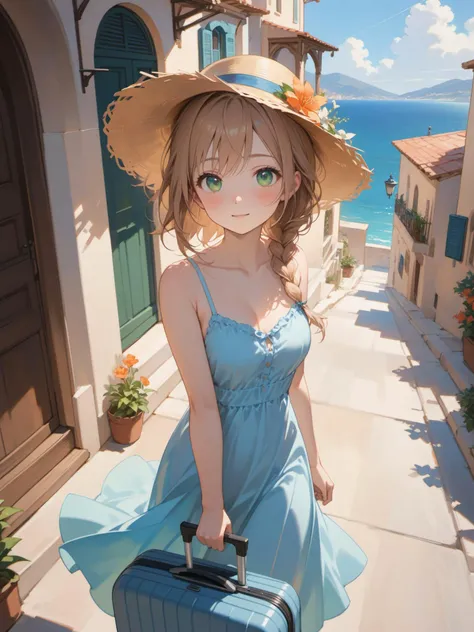 1girl,(cute round face:1.1),light brown hair,braid,green eyes,sundress,walking on a street,straw hat,rolling suitcase,mediterranean architecture,ocean,flower,
(masterpiece:1.2),(best quality:1.2),(absurdres:1.2),(detailed background:1.2),detailed light,bloom,<lora:aesthetic_anime_v1s:1>,