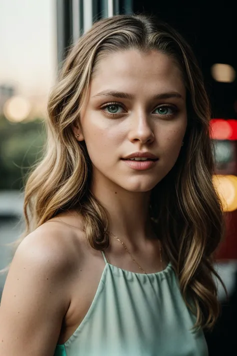 photo of (tp4lm3r:0.99), a beautiful woman, upper body, perfect hair, (modern photo, Seafoam Green dress), 24mm, (analog, cinematic, film grain:1.3), (plain Fire Truck Red background, gradient:1.2), detailed eyes, (seductive pose), (epicPhoto), (looking at viewer), jewelry