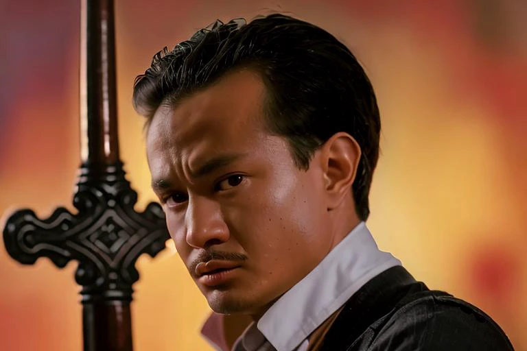 1boy, 40 years old,best quality, masterpiece, photoshop \(medium\),looking at viewer,short hair, black hair, Serious expression,Frightened expression,portrait,mahogany sword,The posture of fighting,<lora:lin_20230614150415:0.8>