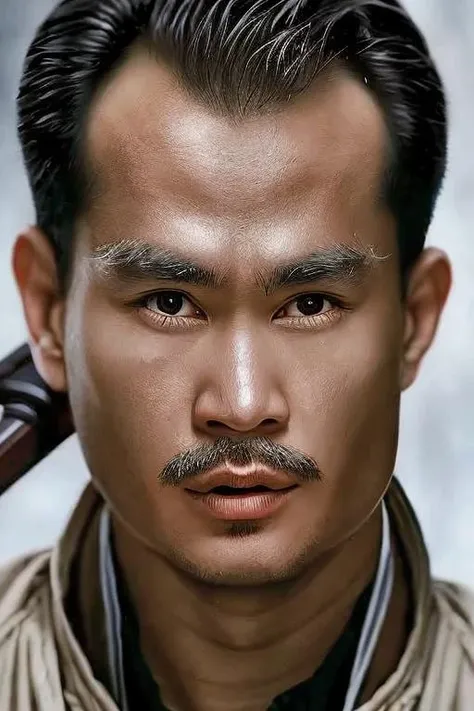 best quality, masterpiece, photoshop \(medium\), 1 men,looking at viewer,short hair, black hair, Serious expression,Frightened expression,portrait,mahogany sword,The posture of fighting,<lora:lin_20230614150415:0.8>