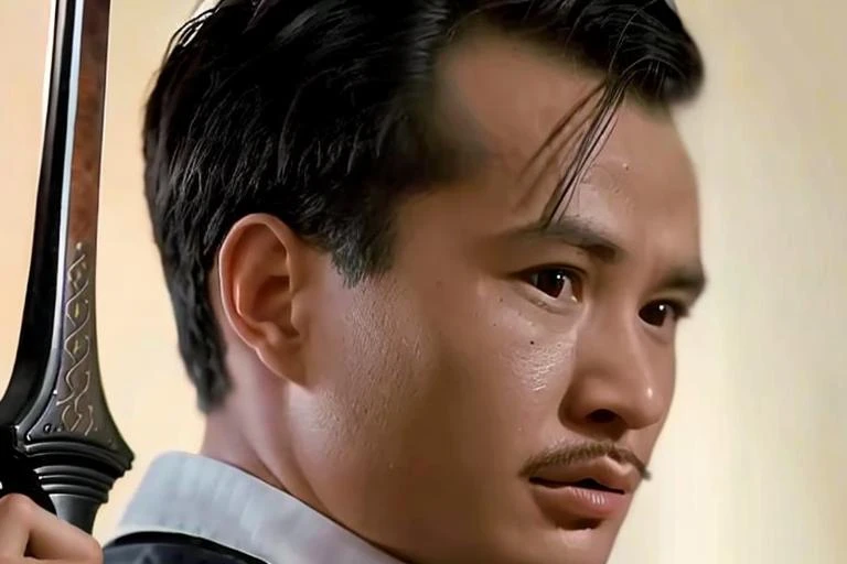 1boy, 40 years old,best quality, masterpiece, photoshop \(medium\),looking at viewer,short hair, black hair, Serious expression,Frightened expression,portrait,mahogany sword,The posture of fighting,<lora:lin_20230614150415:0.8>