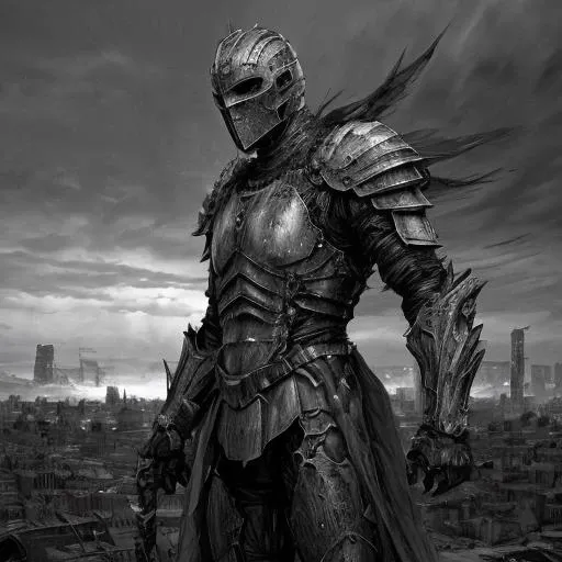 A lone knight stands against a backdrop of a sprawling, dystopian city. His armor is intricate and dramatic, while the city is sketched with expressive brush strokes. A storm brews overhead, mirroring the anticipation of an impending battle  <lora:THE_Style:1>