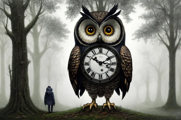 an owl wearing a hooded jacket in a forest with a clock tower in the background and a foggy sky, Andrew Ferez, dark fantasy art, a detailed painting, fantasy art by greg rutkowski, denoised