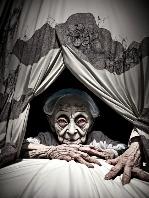 underneath the bed, a scariest old lady ever, is watching you, creepy, from the dark, very dark, black sheets, cinematic, dimmed colors, dark shot from the bottom, muted colors, grainy, lut, spooky