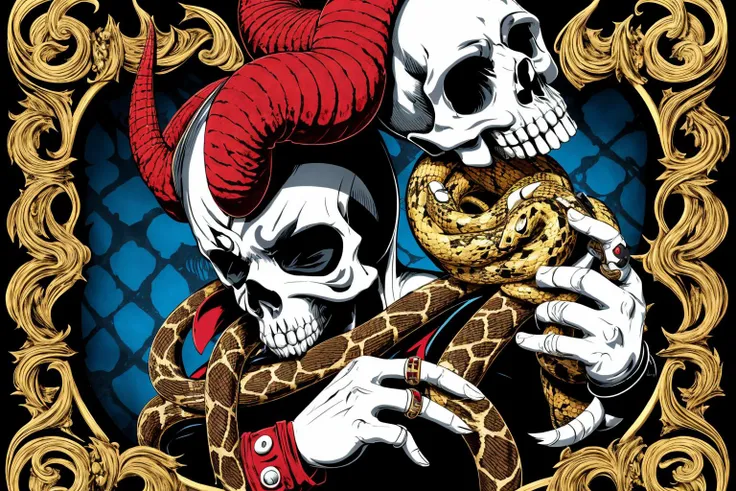 a skull dressed in a costume with horns and a snake on his head, jester, Dirk Crabeth, behance hd, a character portrait, gothic art, gold and blue gothic harlequin jester