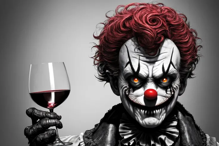 a creepy clown holding a glass of wine in his hand and looking at the camera with a creepy look on his face, Eddie Mendoza, dark fantasy art, a character portrait, gothic art, epic fantasy, concept art, detailed, photorealistic, 8k, character design, realistic