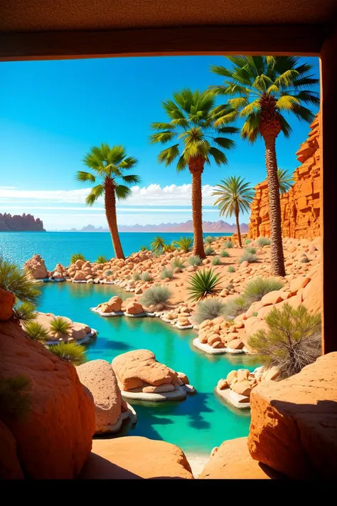RAW photo, desert landscape, oasis with palms and water, (rocks:1.2), 8k uhd, dslr, soft lighting, high quality, film grain, Fujifilm XT3