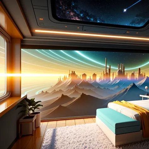 a gorgeous sci - fi bedroom matte painting by john harris, sparth and greg rutkowski. sharp edges, tiffany blue, grey orange, white and golden. sci - fi bedroom in a space base, outside the windows a future city skyline, light effect. ultra clear detailed, 3 d, octane render. 8 k