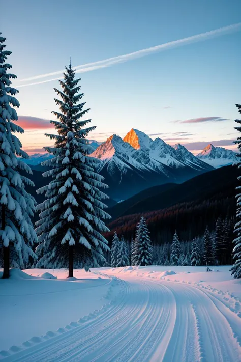 RAW photo, winter landscape, mountains, trees, 8k uhd, dslr, soft lighting, high quality, film grain, Fujifilm XT3