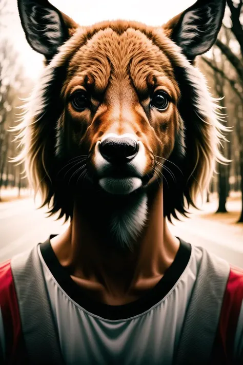 RAW photo, animal, a portrait photo of [man:deer:2] humanoid in clothes, face, 8k uhd, dslr, soft lighting, high quality, film grain, Fujifilm XT3