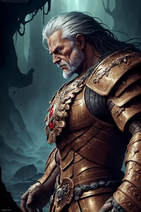 (Painting:1.3) of (Detailed illustration:1.3) A (full body:1.3) shot at 8k resolution, splash art, fantastic comic book style, photorealistic, intense look, anatomical photorealistic digital painting portrait of a (old male:1.3) human (warrior:1.3) in black and gold intricate (heavy armor:1.3) in a (dark and moody universe:1.3), light particle, very detailed skin,samurai, very detailed eyes, (elden ring style:1.3), (warhammer style:1.1), concept artist, global illumination, depth of field, splash art, art by artgerm and greg rutkowski and viktoria gavrilenko