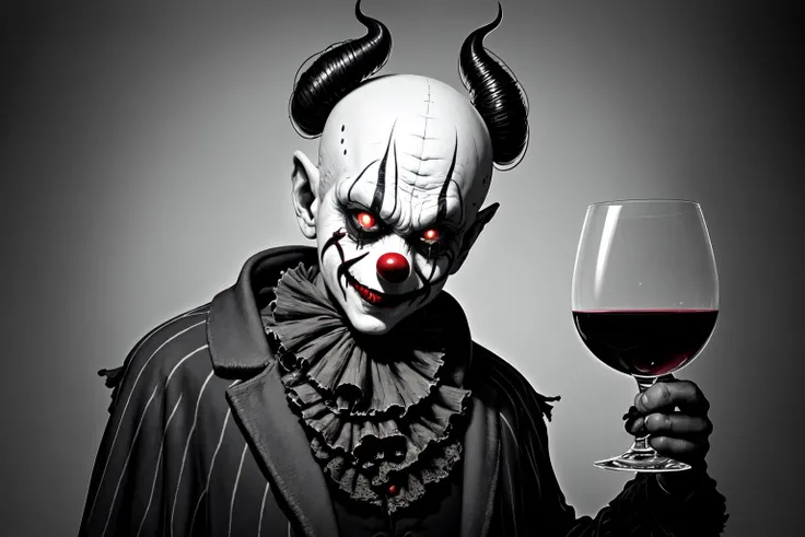 a creepy clown holding a glass of wine in his hand and looking at the camera with a creepy look on his face, Eddie Mendoza, dark fantasy art, a character portrait, gothic art, epic fantasy, concept art, detailed, photorealistic, 8k, character design, realistic