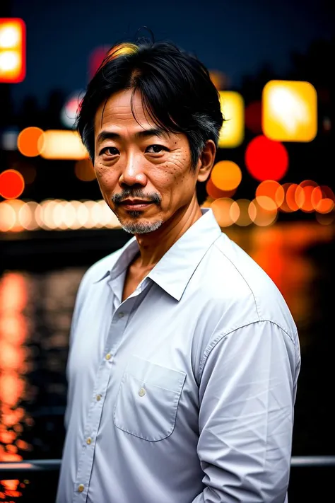 RAW photo, a portrait photo of 50 y.o japanese man in clothes, night tokyo, (high detailed skin:1.2), 8k uhd, dslr, soft lighting, high quality, film grain, Fujifilm XT3