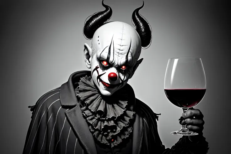 a creepy clown holding a glass of wine in his hand and looking at the camera with a creepy look on his face, Eddie Mendoza, dark fantasy art, a character portrait, gothic art, epic fantasy, concept art, detailed, photorealistic, 8k, character design, realistic