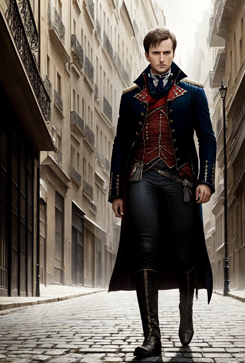 award winning closeup portrait Photo of Napoleon walking in 1800s Paris street, backlit, digital painting, concept art, smooth, sharp focus, rule of thirds, dark fantasy,intricate details, art by aleksi briclot and Greg Rutkowski, medium shot, Style by Style-Empire, moonlit street
