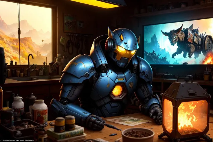 Wide angle Environmental shot in a cluttered and messy shack , action shot, tattered torn shirt, porcelain cracked skin, league of legends, vibrant, photo realistic, realistic, dramatic, dark, sharp focus, 8k."Robot destroyed to pieces with glowing yelow visor as a realistic scifi cyberpunk knight, medium shot, intricate,unreal engine, cozy indoor lighting, artstation, detailed, "james gurney, katsuhiro otomo, james paick, cinematic lighting, vibrant nature, Craig Mullins, Greg Rutkowski, Pete Morbacher, Tuomas Korpi, tekkon kinreet, volumetric light, trending on artstation, octane rendering.", trending on artstation, sharp focus, studio photo, intricate details, highly detailed, by greg rutkowski